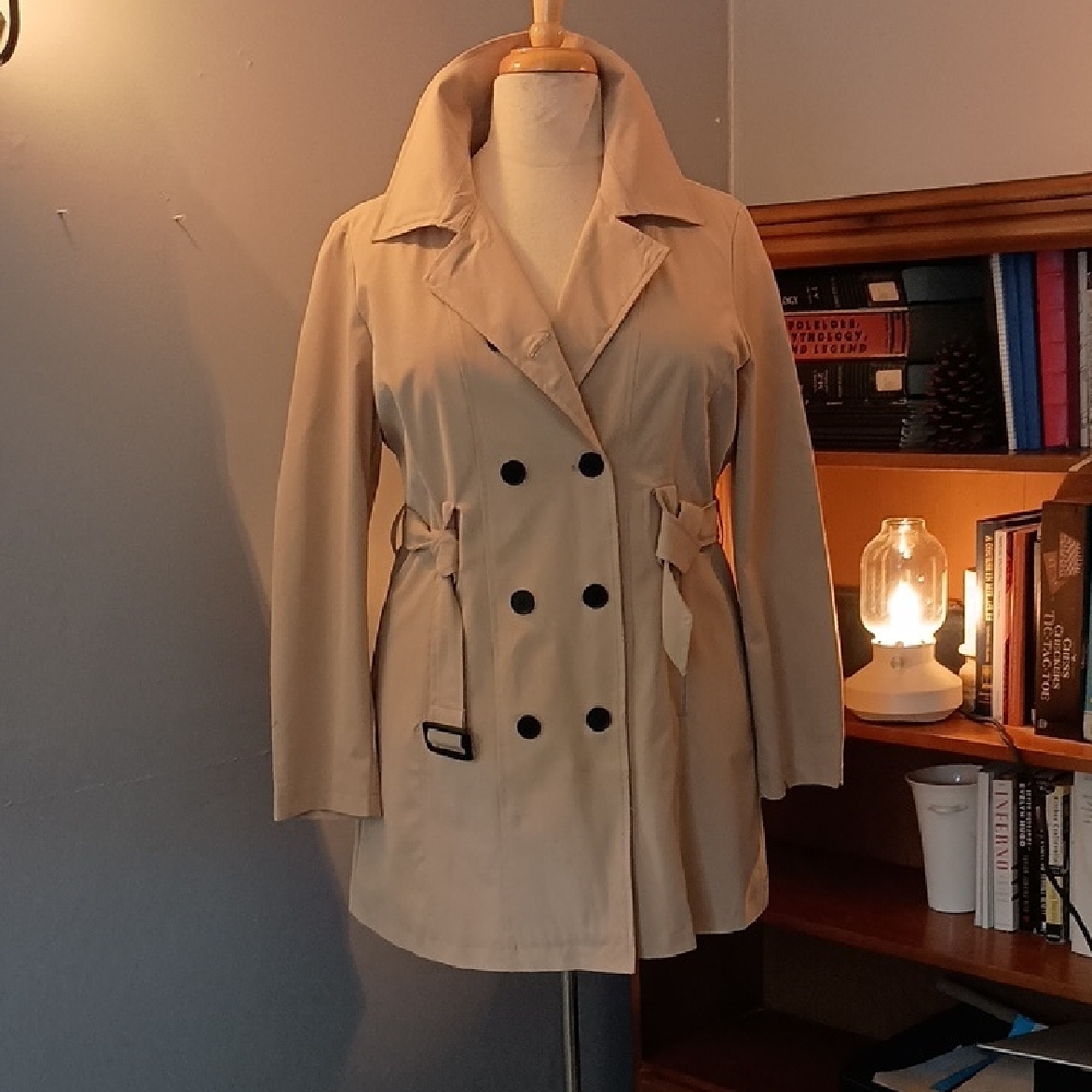 Tan Double-Breasted Trench Coat with Belted Waist